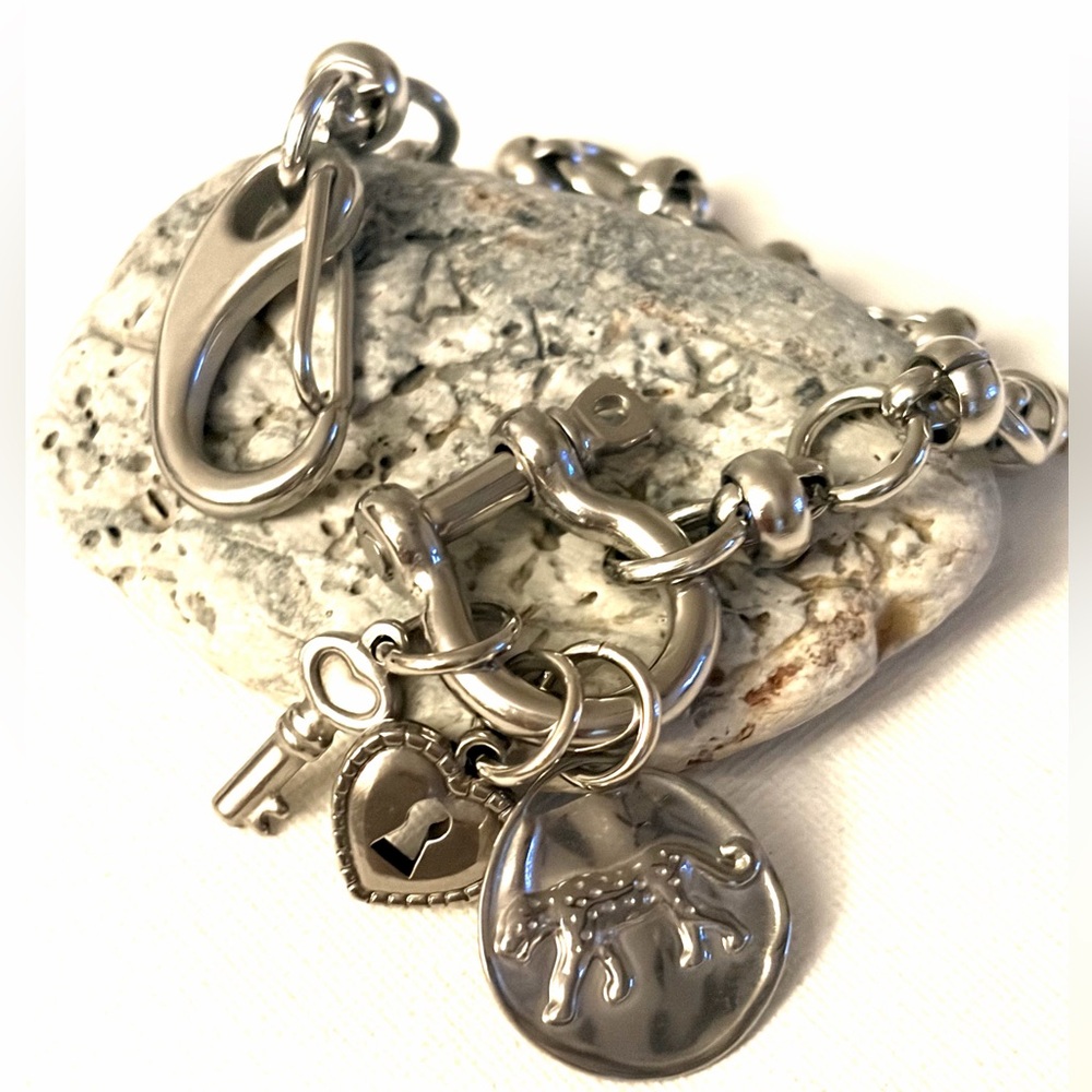 Stainless Steel Heart Lock & Key Charm Bracelet - Women Jewelry